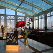 Ein Tisch mit einer Blumen in einer Vase. Der Tisch steht in einem Wintergarten in einem Restaurant.